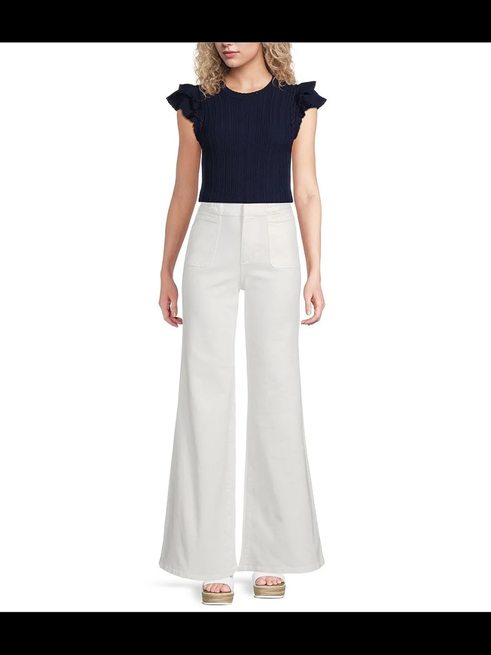 Gilli Navy Ribbed Double Ruffle Sleeve Knit Top - Picture 3 of 7